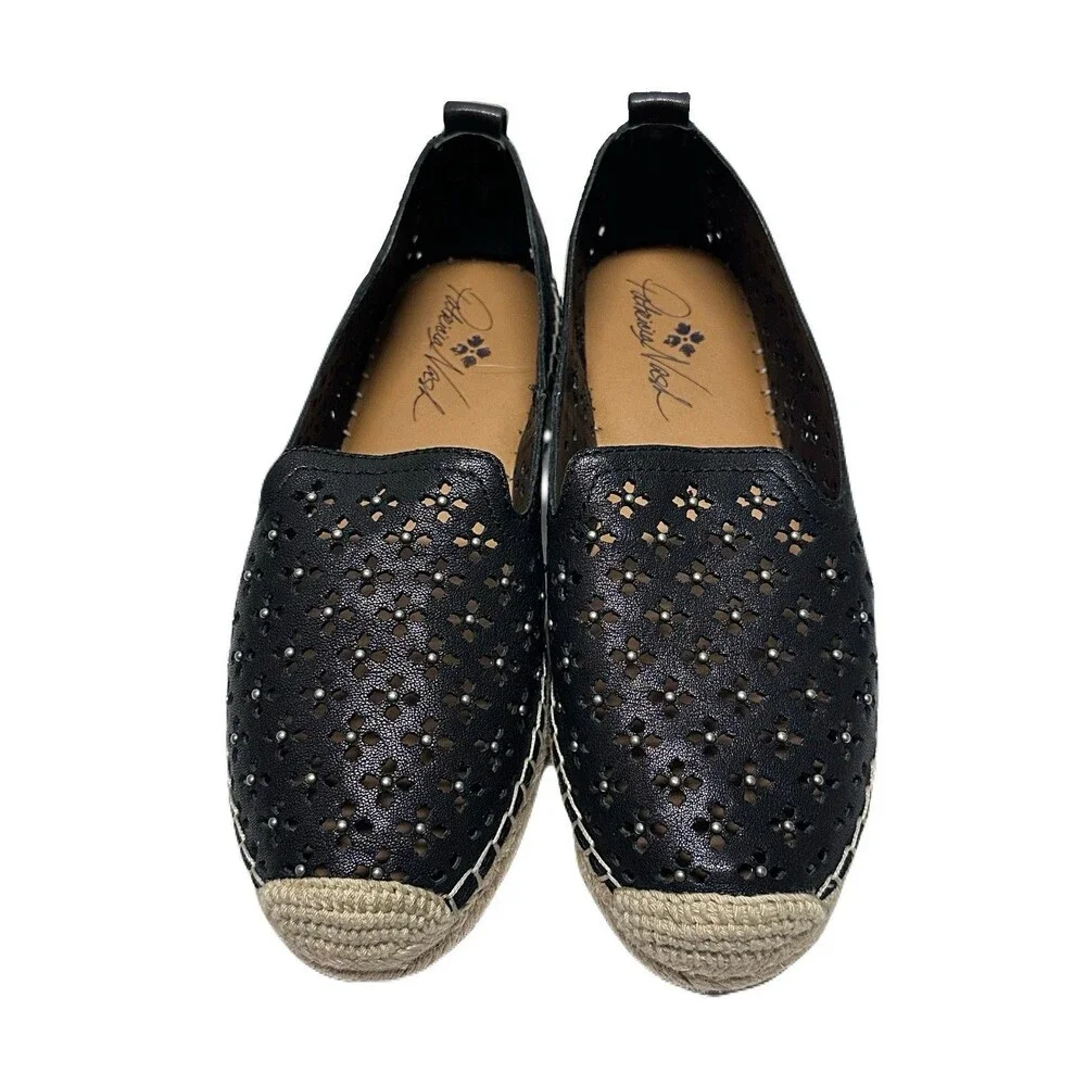 NEW Patricia Nash Womens Size 8 Black Leather Elena Perforated Espadrille Flats